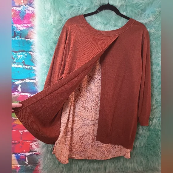 Dalia Rusty Brown Crew Neck Long 3/4 Sleeve Layered Top Size 1X - Picture 7 of 11
